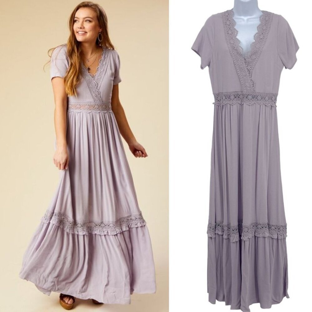 Altar'd State Tiered Lace Maxi Dress V Neck Short Sleeve Lavender Purple Large
